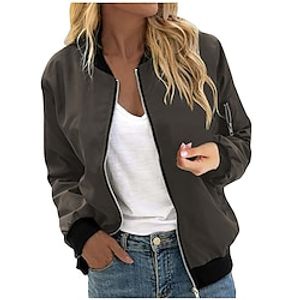 Women's Bomber Jacket Fall Casual Jacket Stand Collar Zipper Sport Windproof Plain Fashion Regular Fit Outerwear Long Sleeve Spring White S miniinthebox