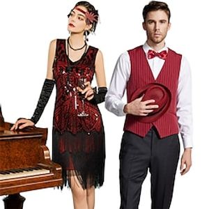 Retro Vintage Roaring 20s 1920s Flapper Dress Outfits Waistcoat Couples Costumes The Great Gatsby Gentleman Men's Women's Sequins Tassel Fringe Cosplay Costume New Year Party Prom Costume miniinthebox