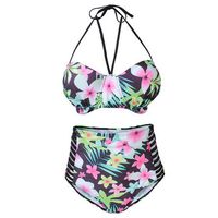 Sexy Hollow V Neck Floral Printing Bikini Sets High Waist Swimsuit For Women