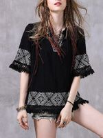 Vintage Women V-Neck Half Sleeve Embroidery Tassel Shirt