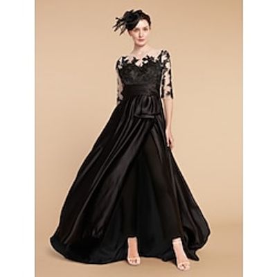 Jumpsuits Mother of the Bride Dress Wedding Guest Elegant Illusion Neck Sweep  Brush Train Satin Half Sleeve with Lace Split Front Ruching 2023 Lightinthebox