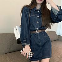 Women's A Line Dress Short Mini Dress Dark Blue Long Sleeve Solid Color Pocket With Belt Button Fall Summer Shirt Collar Stylish Elegant Casual 2022 S M L miniinthebox - thumbnail