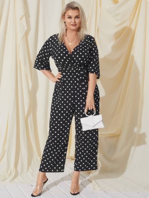 YOINS Plus Size V-neck Polka Dot Wrap Design Belt Design Half Sleeves Jumpsuit