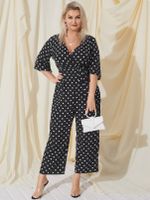 YOINS Plus Size V-neck Polka Dot Wrap Design Belt Design Half Sleeves Jumpsuit - thumbnail