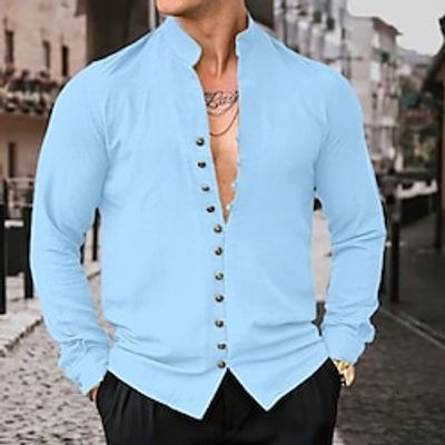 Men's Shirt Linen Shirt Summer Shirt Beach Shirt Black White Pink Long Sleeve Plain Stand Collar Spring  Summer Casual Daily Clothing Apparel Lightinthebox