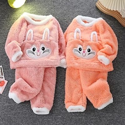 Kids Girls' Pajama Set Long Sleeve Coral Pink Solid Color Cartoon Crewneck Spring Fall Active Home 7-13 Years Lightinthebox