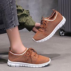 Women's Sneakers Plus Size Flyknit Shoes Flat Heel Round Toe Walking Shoes Elastic Fabric Lace-up Solid Colored Black Rosy Pink Brown miniinthebox