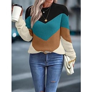 Women's Pullover Sweater Jumper Crew Neck Ribbed Knit Acrylic Patchwork Fall Winter Regular Outdoor Daily Going out Stylish Casual Soft Long Sleeve Color Block Purple Green S M L Lightinthebox