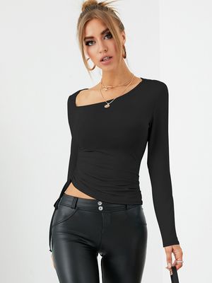 YOINS Drawstring Irregular Hem Asymmetrical Neck Long Sleeves Tee YOINS Drawstring Irregular Hem Asymmetrical Neck Long Sleeves Tee