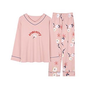 Women's Plus Size Gift Pajamas Sets Home Daily Bed Elastic Waist Print Flower Letter Cotton Simple Fashion Retro Soft T shirt Pant Fall Spring Summer Crew Neck Long Sleeve Long Pant Pocket Lightinthebox