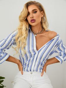 YOINS Blue Striped Classic Collar Long Sleeves Blouse
