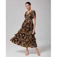 Burnout Velvet Short-Sleeve Tiered Dress