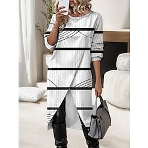 Women's Casual Dress Shift Dress Stripe Print Split Crew Neck Midi Dress Active Fashion Outdoor Daily 34 Length Sleeve Loose Fit White Fall Winter S M L XL XXL Lightinthebox