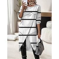 Women's Casual Dress Shift Dress Stripe Print Split Crew Neck Midi Dress Active Fashion Outdoor Daily 34 Length Sleeve Loose Fit White Fall Winter S M L XL XXL Lightinthebox - thumbnail