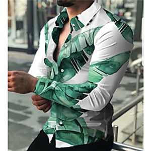 Men's Shirt 3D Print Leaves Turndown Daily Holiday 3D Print Button-Down Long Sleeve Tops Casual Fashion Breathable Green White Lightinthebox