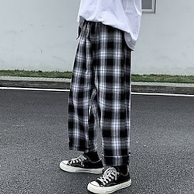 Men's Trousers Casual Pants Pocket Elastic Waist Plaid Comfort Breathable Outdoor Daily Going out Fashion Casual Black White Lightinthebox