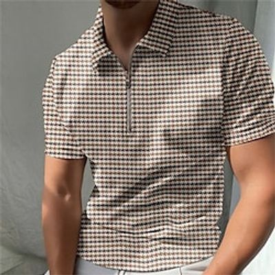 Men's Golf Shirt 3D Print Plaid Graphic Patterned Turndown Street Daily Zipper 3D Short Sleeve Tops Casual Fashion Breathable Comfortable Khaki Lightinthebox