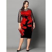 Women's Plus Size Work Dress Bodycon Sheath Dress Graphic Floral Midi Dress 34 Length Sleeve Print Crew Neck Elegant Daily Black Red Summer Spring L XL 2XL 3XL 4XL Lightinthebox - thumbnail