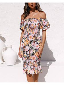 Women's One-shoulder Slim Ruffled Print Dress