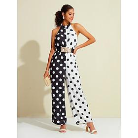 Satin Polka Dot Halter Neck Sleeveless Jumpsuit(Belt Not Included)