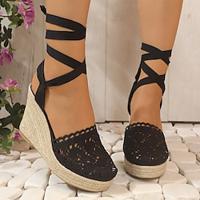 Women's Heels Sandals Lace Up Sandals Strappy Sandals Wedge Sandals Platform Sandals Daily Lace-up Platform Wedge Pointed Toe Comfort Minimalism Mesh Cloth Lace-up Black White Lightinthebox - thumbnail