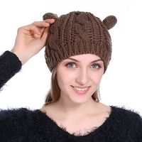 Women Cute Winter Warm Wool Knit Bonnet Pure Color Comfortable Beanie Cap With Cat Ears