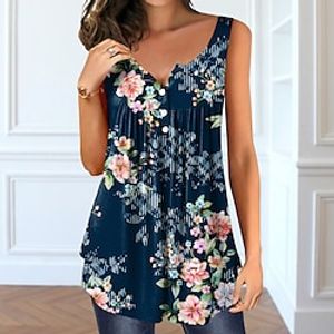 Women's Floral Tank Top Vest Henley Shirt Floral Button Print V Neck Casual Streetwear Tops Green Blue Purple / 3D Print miniinthebox