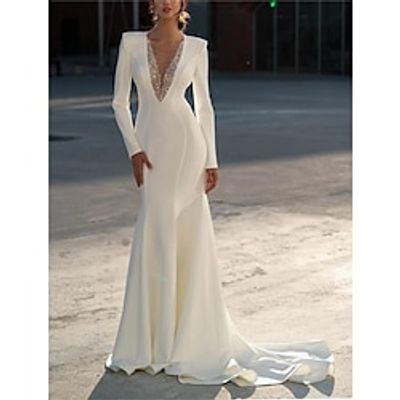Formal Wedding Dresses Mermaid  Trumpet V Neck Long Sleeve Sweep  Brush Train Chiffon Bridal Gowns With Beading Solid Color 2023 Lightinthebox