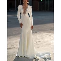 Formal Wedding Dresses Mermaid  Trumpet V Neck Long Sleeve Sweep  Brush Train Chiffon Bridal Gowns With Beading Solid Color 2023 Lightinthebox - thumbnail