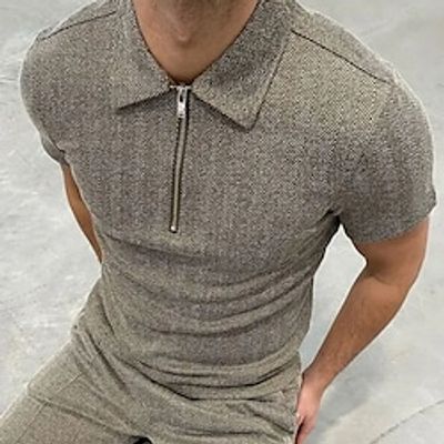 Men's Polo Shirt Zip Polo Sports  Outdoor Casual Lapel Quarter Zip Short Sleeve Fashion Streetwear Plaid Herringbone Stripe Quarter Zip Spring  Summer Brown Polo Shirt Lightinthebox