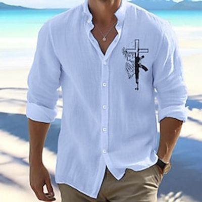 Cross Faith Casual Men's Shirt Linen Shirt Button Up Shirt Outdoor Daily Wear Vacation Spring   Fall Standing Collar Long Sleeve Black, White, Pink S, M, L Linen Cotton Blend Shirt Lightinthebox