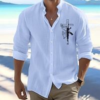 Cross Faith Casual Men's Shirt Linen Shirt Button Up Shirt Outdoor Daily Wear Vacation Spring   Fall Standing Collar Long Sleeve Black, White, Pink S, M, L Linen Cotton Blend Shirt Lightinthebox - thumbnail
