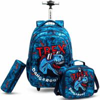 Eazy Kids - 18 Set Of 3 Trolley School Bag Lunch Bag & Pencil Case T - Rex Dinosaur - Blue