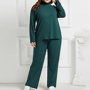 Women's Plus Size Tops Set Plain Long Sleeve Cowl Neck Basic Daily Sports Cotton Fall Winter Black Dark Green miniinthebox