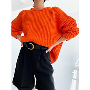 Women's Pullover Sweater Chunky Solid Color Casual Long Sleeve Loose Sweater Cardigans Round Neck Fall Winter Light Blue Watermelon Red Purple / Holiday miniinthebox