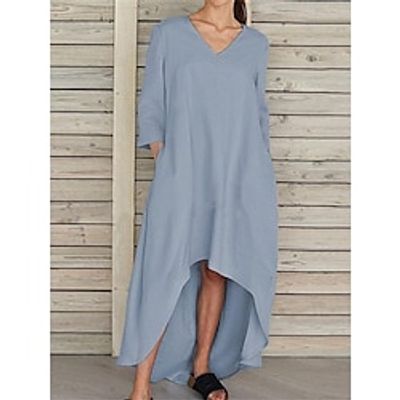 Women's Casual Dress Cotton Linen Dress A Line Dress Maxi long Dress Linen Cotton Blend Fashion Basic Outdoor Daily Vacation V Neck Pocket High Low dress Long Sleeve Summer Spring 2023 Loose Fit Lightinthebox