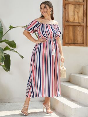 YOINS Plus Size Off The Shoulder Striped Drawstring Maxi Dress YOINS Plus Size Off The Shoulder Striped Drawstring Maxi Dress