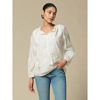 Women's Casual Cotton Embroidered Floral Blouse White Puff Sleeve Half Button Loose Fit Blouse