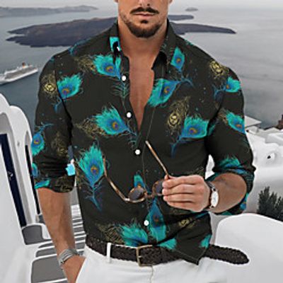 Men's Shirt 3D Print Feather Turndown Daily Holiday 3D Print Button-Down Long Sleeve Tops Casual Fashion Breathable Black miniinthebox