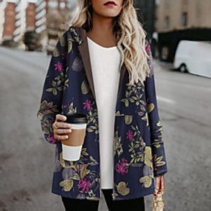 Women's Parka Causal Fall Winter Regular Coat Loose Casual Jacket Long Sleeve Floral Pocket Blue Orange / Plus Size / Lined / Plus Size / Print miniinthebox