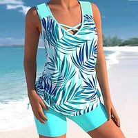 Women's Swimwear Tankini 2 Piece Plus Size Swimsuit 2 Piece Paisley Floral White Rosy Pink Blue Tank Top Bathing Suits Sports Summer Lightinthebox - thumbnail