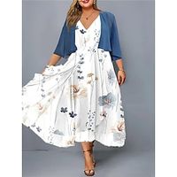 Women's Plus Size Casual Dress Two Piece Dress Swing Dress Floral Midi Dress 3/4 Length Sleeve Print V Neck Fashion Daily White Summer Spring L XL XXL 3XL 4XL miniinthebox - thumbnail