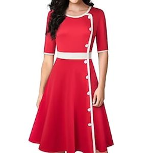Women's Party Dress Work Dress New Year's Eve Dress Semi Formal Dress Midi Dress Red Short Sleeve Color Block Button Spring Fall Winter Crew Neck Office Spring Dress Slim Lightinthebox
