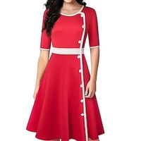 Women's Party Dress Work Dress New Year's Eve Dress Semi Formal Dress Midi Dress Red Short Sleeve Color Block Button Spring Fall Winter Crew Neck Office Spring Dress Slim Lightinthebox - thumbnail