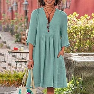 Women's Cotton Linen Dress Casual Dress Midi Dress Cotton Blend Casual Mature Daily Holiday Vacation V Neck Ruched Pocket 3/4 Length Sleeve Summer Spring 2023 Loose Fit Green Pure Color S M L XL XXL miniinthebox