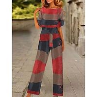 Women's Jumpsuit Drawstring Print Geometric Crew Neck Ordinary Daily Vacation Straight Loose Fit Short Sleeve T-shirt Sleeve Yellow Red Blue S M L All Seasons Lightinthebox