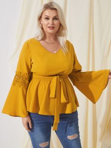 YOINS Plus Size V-neck Belt Design Long Sleeves Blouse