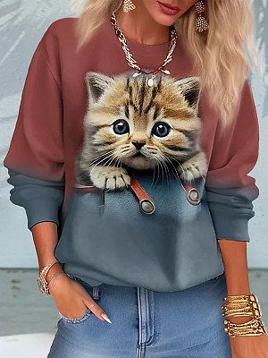 Women's 3D Cute Cat Gradient Print Round Neck Long-sleeved Sweatshirt