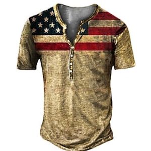 Men's T shirt Tee Henley Shirt Tee Graphic American Flag Henley Yellow 3D Print Plus Size Outdoor Daily Short Sleeve Button-Down Print Clothing Apparel Basic Designer Casual Big and Tall  Summer Lightinthebox