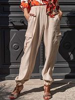 Loose Casual Solid Color Beach Elastic Waist Pants - thumbnail